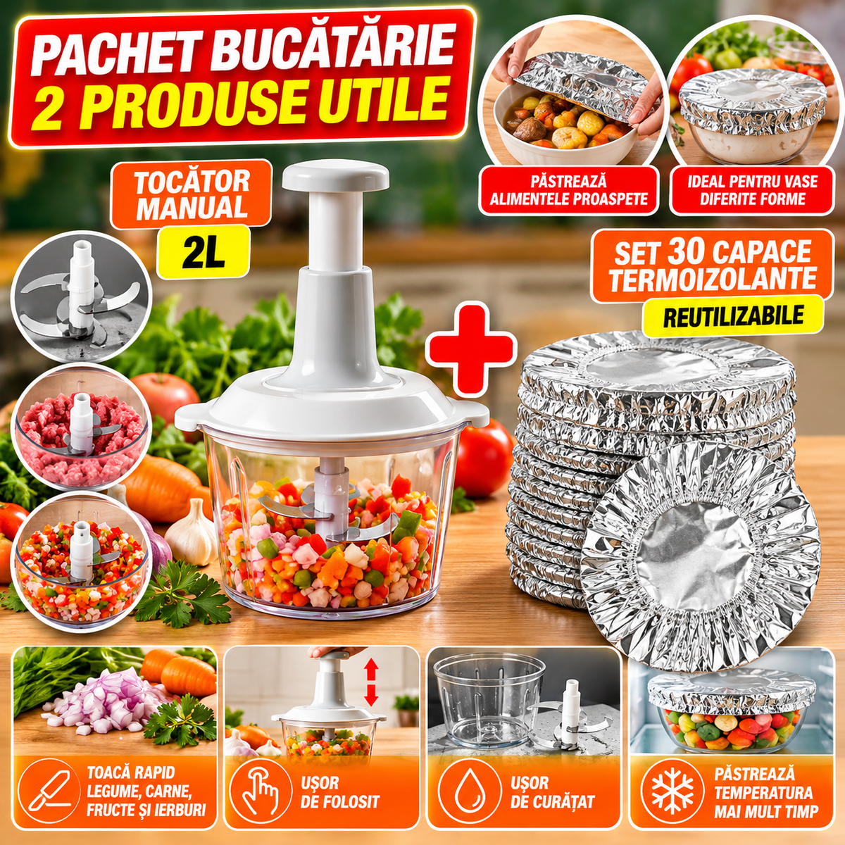 Pachet Bucătărie - Tocător Manual 2L + Set 30 Capace Termoizolante Reutilizabile