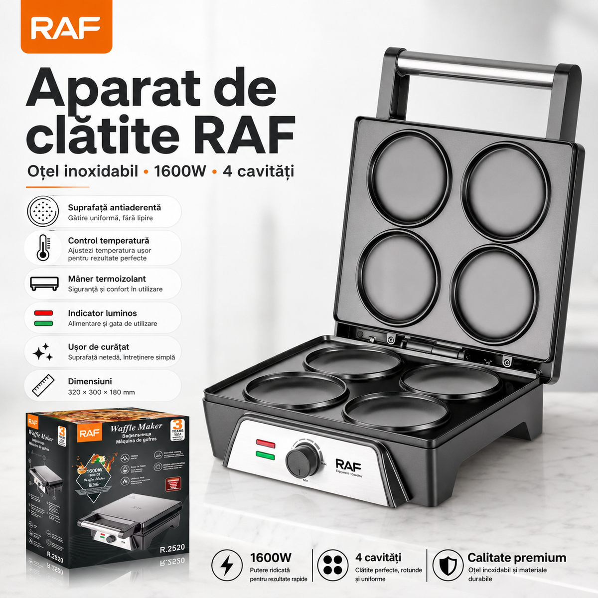 Aparat de clatite RAF, otel inoxidabil, 1600W, 320x300x180mm
