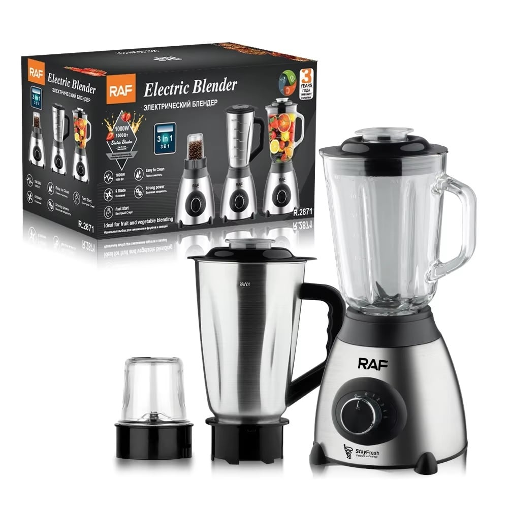 Blender Electric 3 în 1 RAF R.2871, 1000W, Pahar 1.5L din Sticlă, Vas Inox, Râșniță, 2 Viteze + Pulse, StayFresh, Negru/Inox