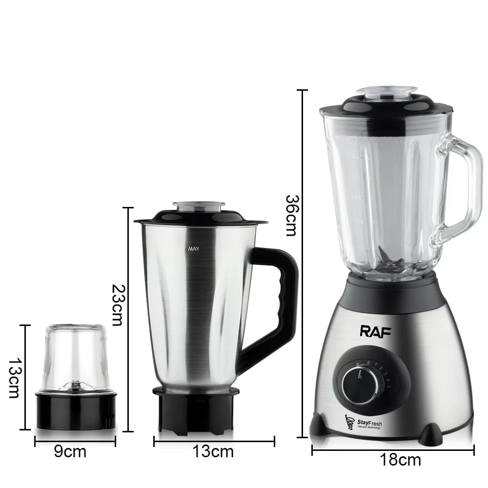 Blender Electric 3 în 1 RAF R.2871, 1000W, Pahar 1.5L din Sticlă, Vas Inox, Râșniță, 2 Viteze + Pulse, StayFresh, Negru/Inox