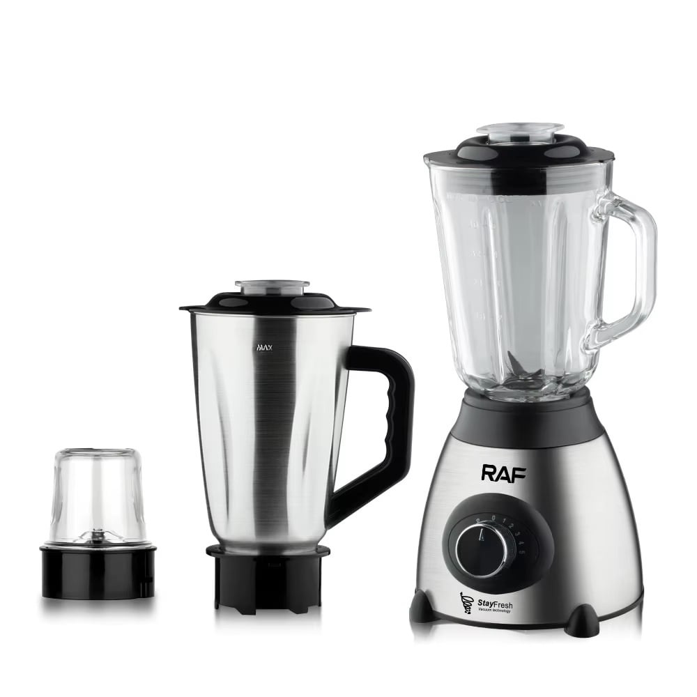Blender Electric 3 în 1 RAF R.2871, 1000W, Pahar 1.5L din Sticlă, Vas Inox, Râșniță, 2 Viteze + Pulse, StayFresh, Negru/Inox