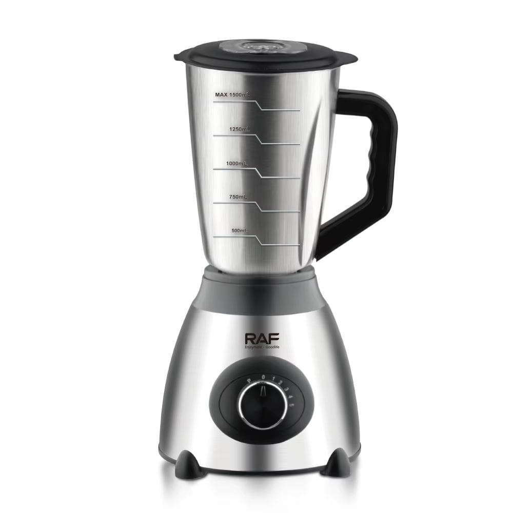 Blender Electric 3 în 1 RAF R.2871, 1000W, Pahar 1.5L din Sticlă, Vas Inox, Râșniță, 2 Viteze + Pulse, StayFresh, Negru/Inox