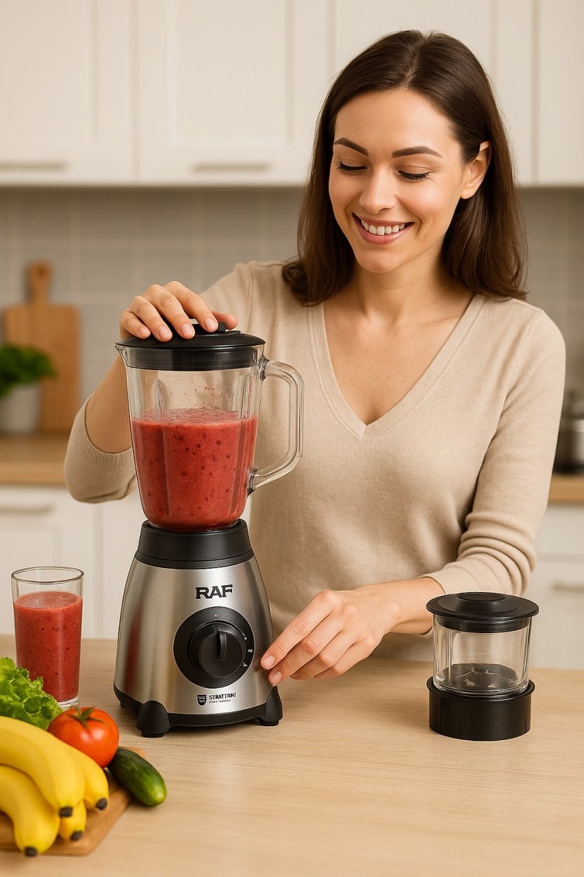 Blender Electric 3 în 1 RAF R.2871, 1000W, Pahar 1.5L din Sticlă, Vas Inox, Râșniță, 2 Viteze + Pulse, StayFresh, Negru/Inox