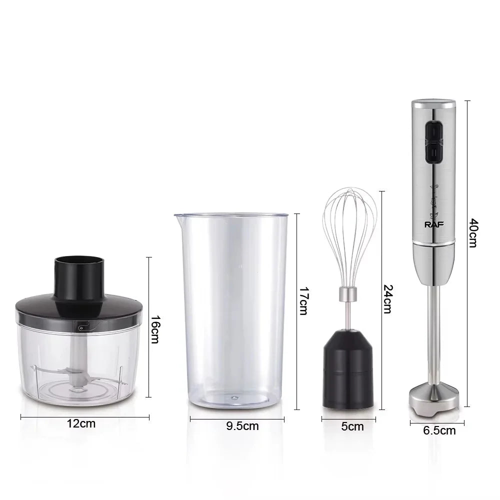Blender RAF R3007, 4 in 1, 1600W, cu recipient de 500ml, vas de 600ml, tel si lame din otel, 2 viteze, argintiu-negru