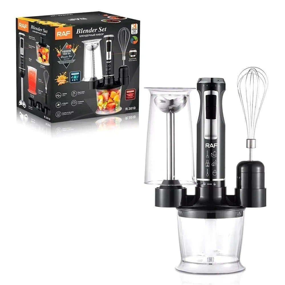 Blender RAF R3010, 4 in 1, 1600W, cu recipient de 500ml, de 600 ml si tel, lame din otel, 41 cm, negru-argintiu
