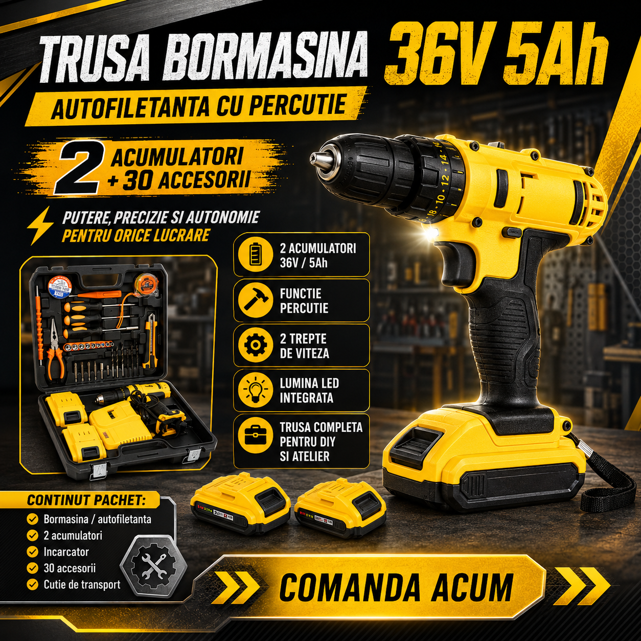 Trusa bormasina si autofiletanta cu percutie, 2 acumulatori 36V 5Ah si 30 accesorii