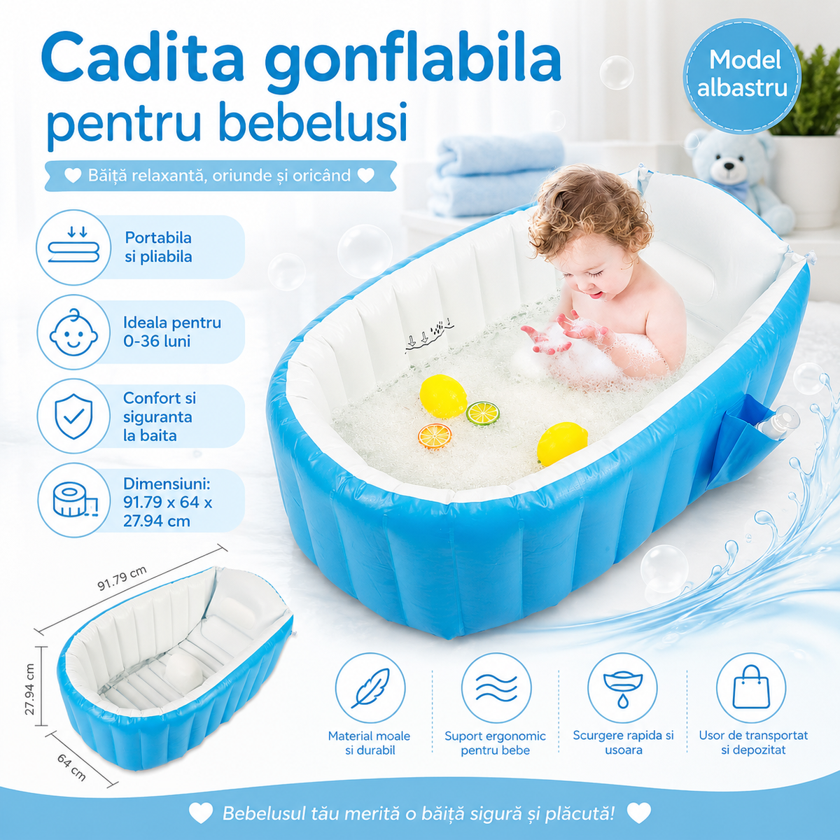 Cadita gonflabila pentru bebelusi si copii, Simply joy, portabila, pliabila, albastra