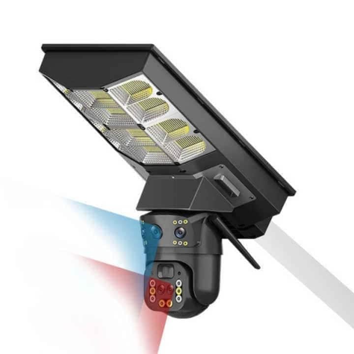 Camera de supraveghere tripla exterior V380 cu alimentare solara, baterie 16000 mAh, proiector 450w, zoom 10x, detectare si urmarire umana, audio bidirectional, securitate avansata fara firi