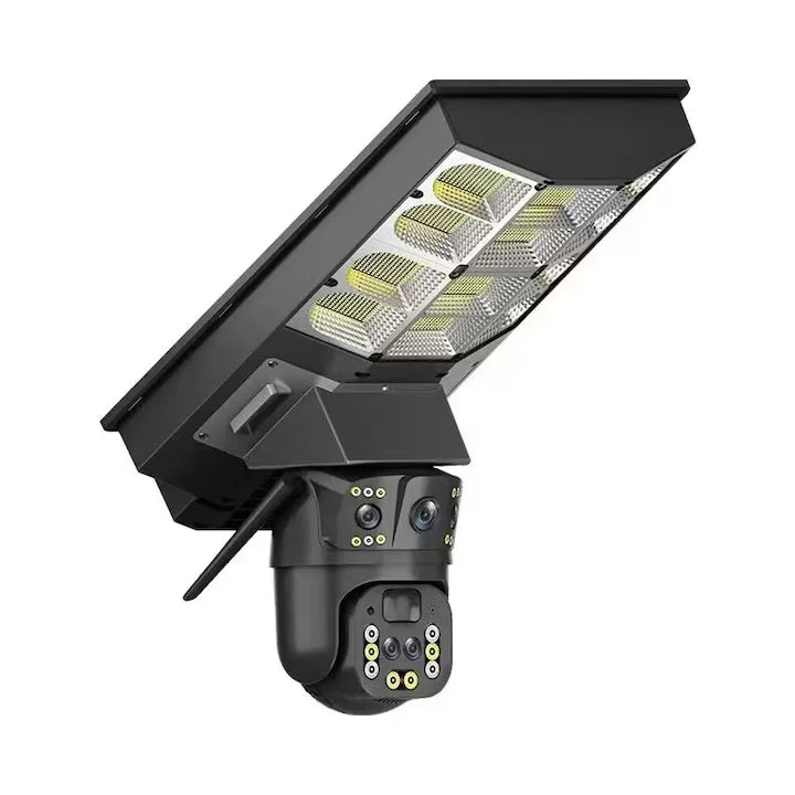 Camera de supraveghere tripla exterior V380 cu alimentare solara, baterie 16000 mAh, proiector 450w, zoom 10x, detectare si urmarire umana, audio bidirectional, securitate avansata fara firi