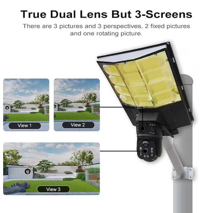 Camera de supraveghere tripla exterior V380 cu alimentare solara, baterie 16000 mAh, proiector 450w, zoom 10x, detectare si urmarire umana, audio bidirectional, securitate avansata fara firi