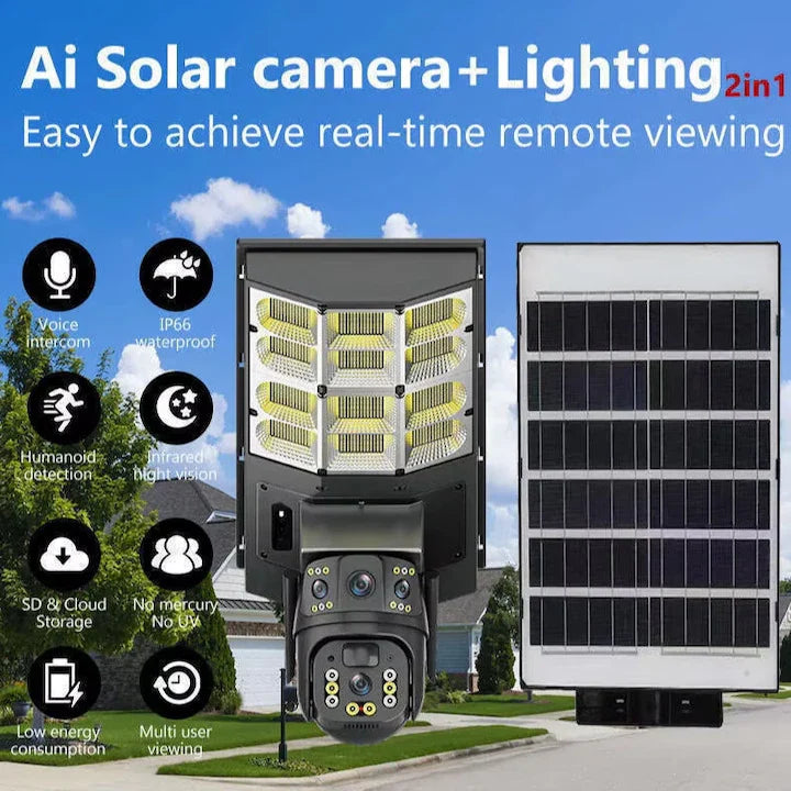 Camera de supraveghere tripla exterior V380 cu alimentare solara, baterie 16000 mAh, proiector 450w, zoom 10x, detectare si urmarire umana, audio bidirectional, securitate avansata fara firi