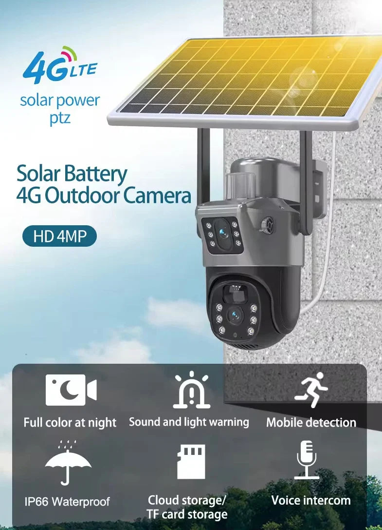 Camera De Supraveghere Cu Panou Solar,4G,Senzor De Miscare,Lentile Duble,4G HD 8MP + CARD 32GB CADOU