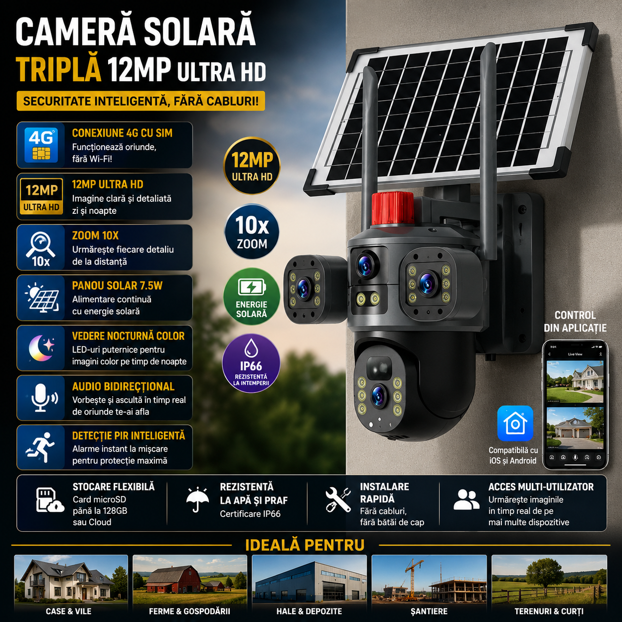 Camera supraveghere solara 4G cu SIM, 12MP Ultra HD, zoom 10X, vedere nocturna color si panou solar 7.5W