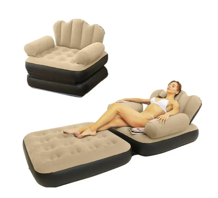 Fotoliu gonflabil 2-in-1, pliabil, multifunctional, potrivit pentru dormitor si living, usor de depozitat, maro/negru