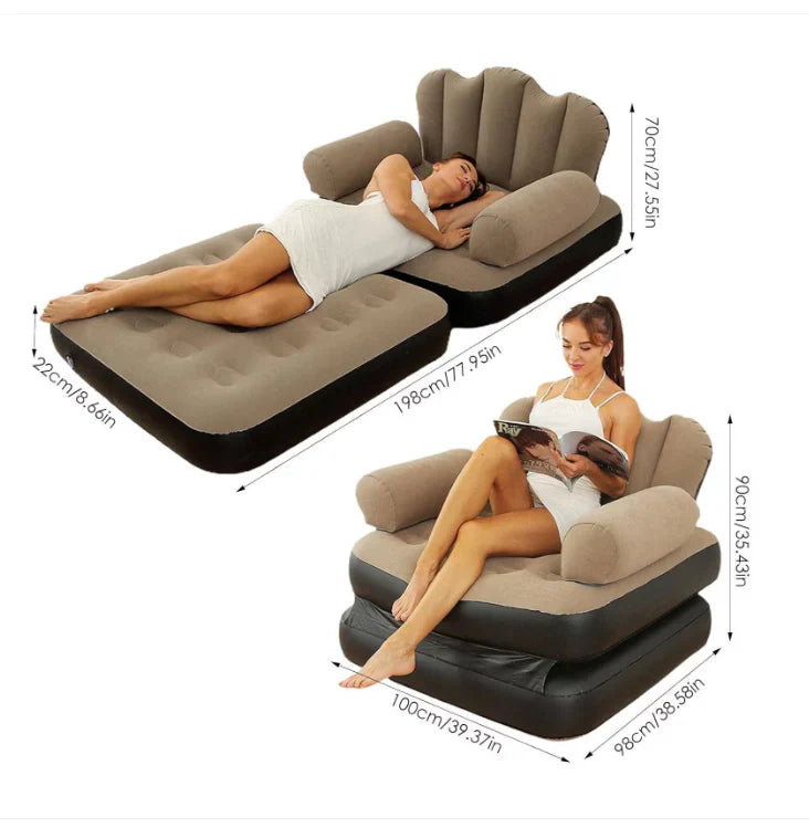 Fotoliu gonflabil 2-in-1, pliabil, multifunctional, potrivit pentru dormitor si living, usor de depozitat, maro/negru