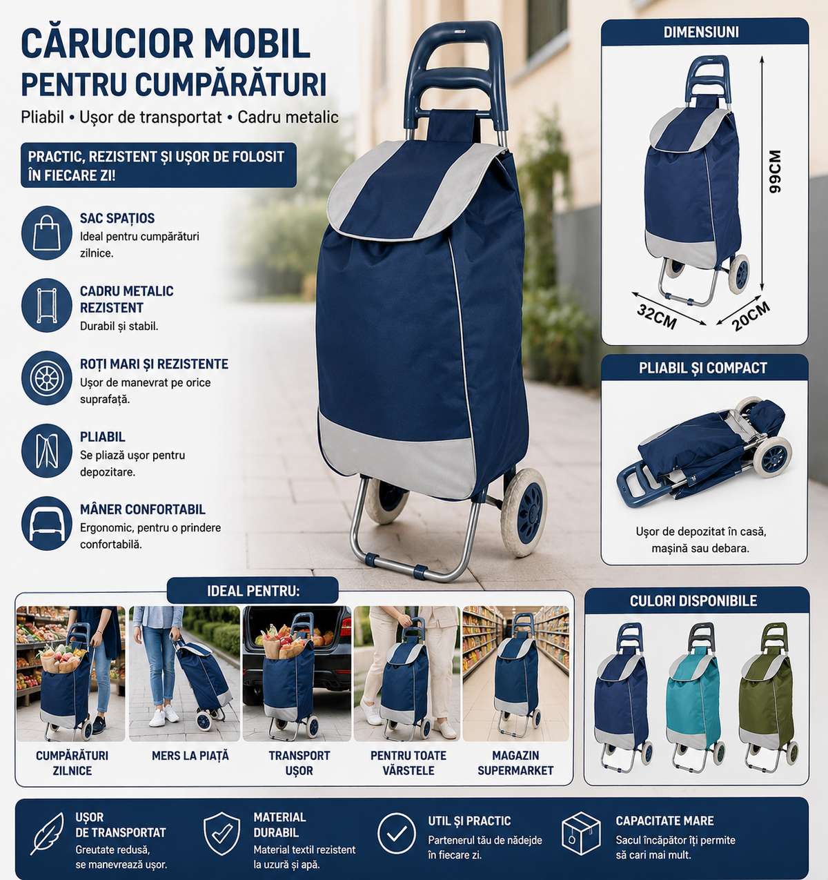 Carucior mobil pentru cumparaturi, pliabil, cu roti, Usor de transportat, Cadru metalic