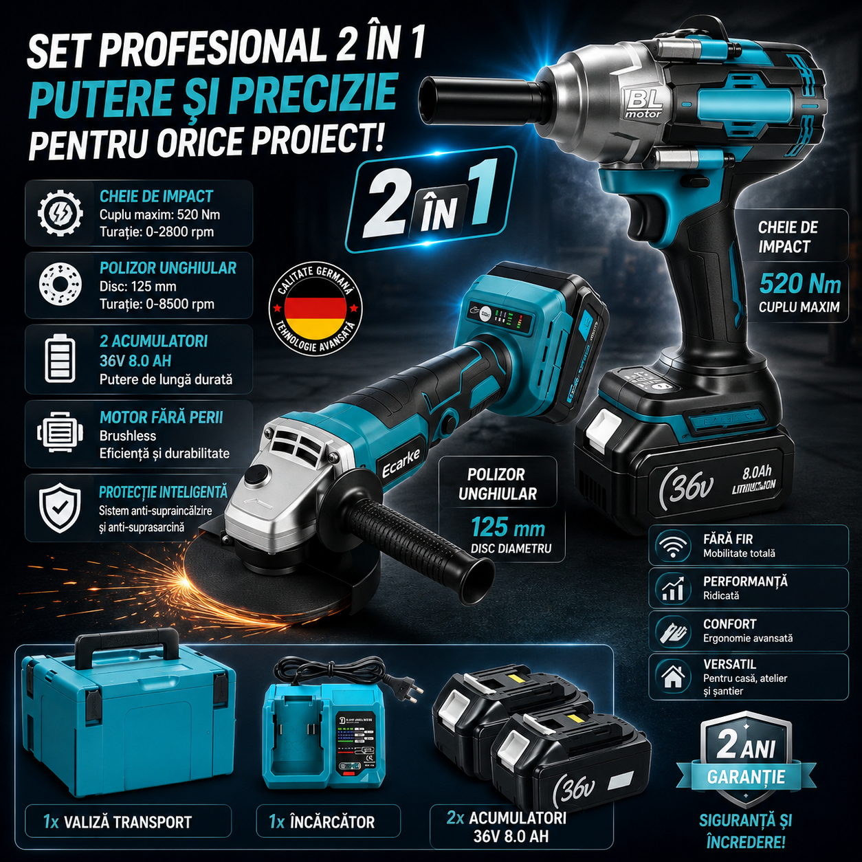 Set cheie de impact si polizor unghiular brushless, 2 acumulatori, disc 125 mm si valiza