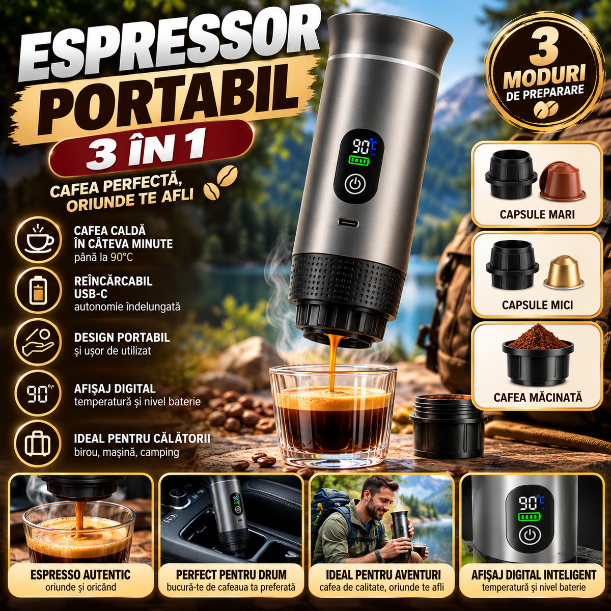 Espressor portabil reincarcabil 3 in 1, dispune de afisaj digital, compatibil cu capsule mari, capsule mici si cafea macinata
