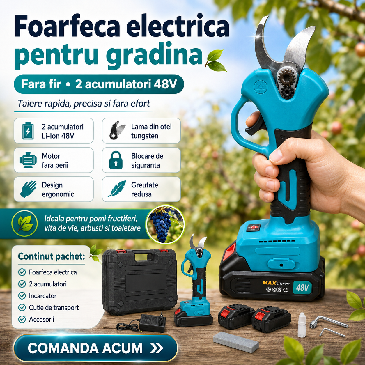 Foarfeca electrica de gradina fara fir, 2 acumulatori 48V, lama din otel