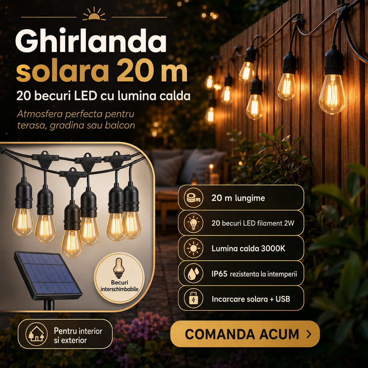Ghirlanda solara 20 m cu 20 becuri LED filament, lumina calda, incarcare USB