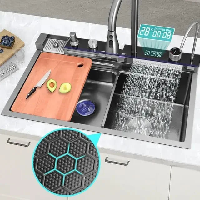 Chiuveta multifunctionala cu 2 cascade cu accesorii incluse, afisaj digital a temperaturii si robinet cascada, culoare negru grafit, dimensiune 750x460mm