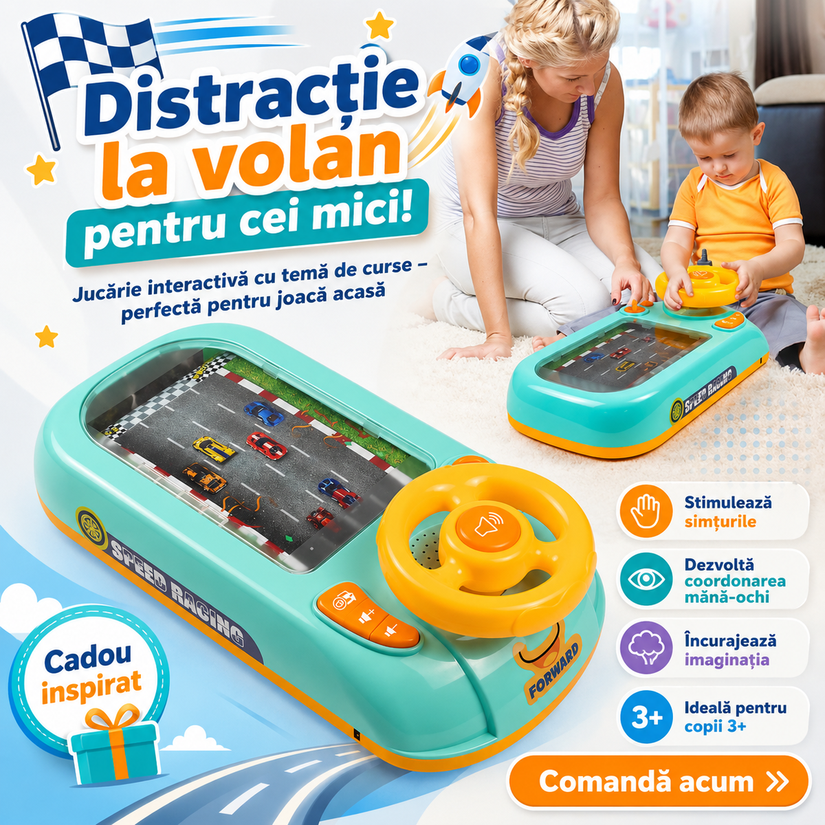 Jucarie interactiva pentru copii, masina de curse, tema nava spatiala, volan desktop, albastru