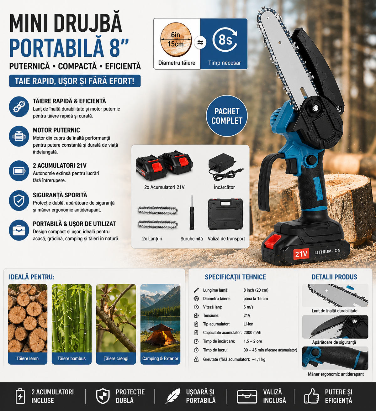 Mini drujba electrica 8 inch cu 2 acumulatori 48V, 2 lanturi si valiza transport