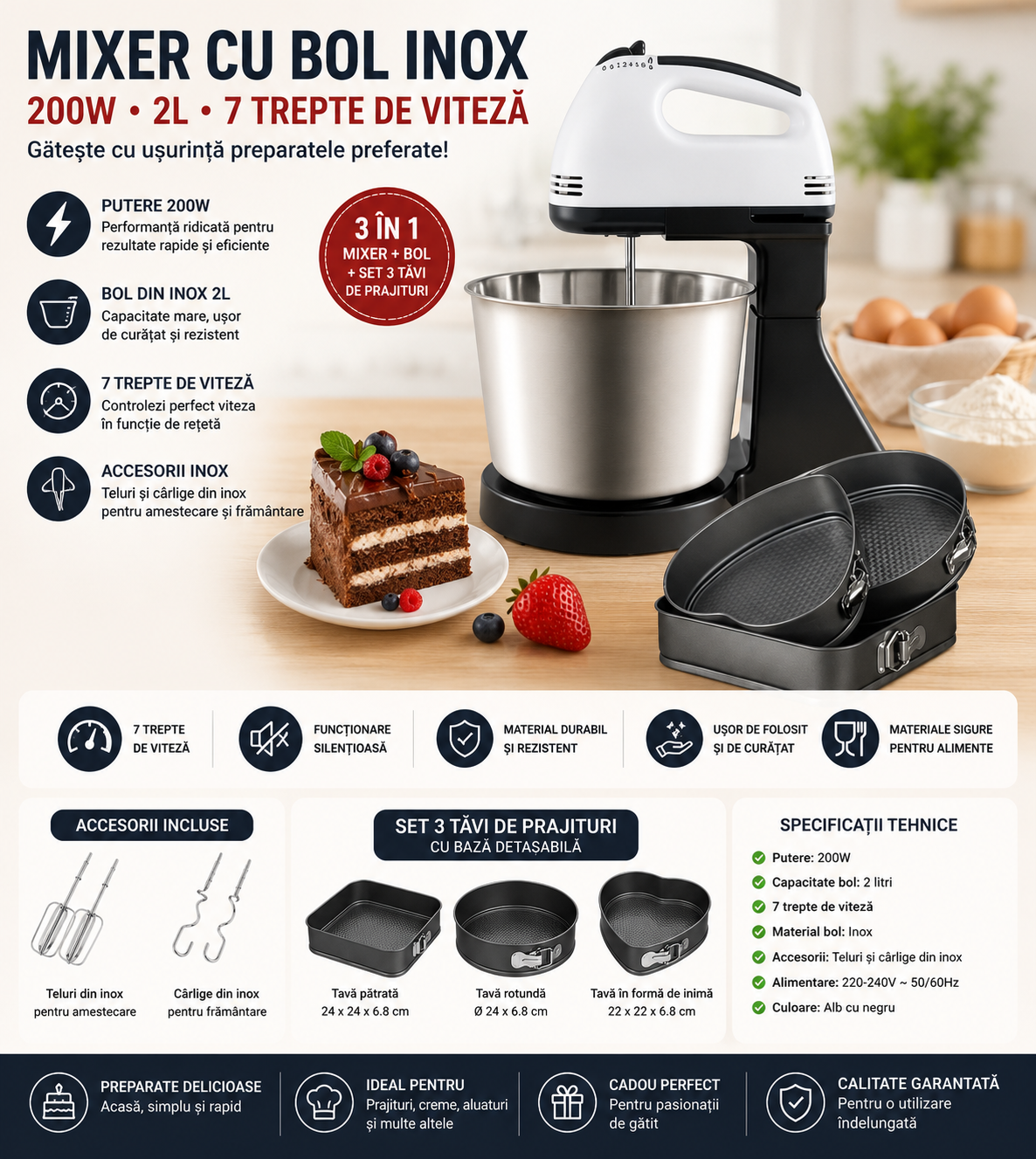 Mixer cu bol inox, putere 200 W, 2L, 7 trepte de Viteze + Set 3 tavi de prajituri, cu baza detasabila si forme diferite