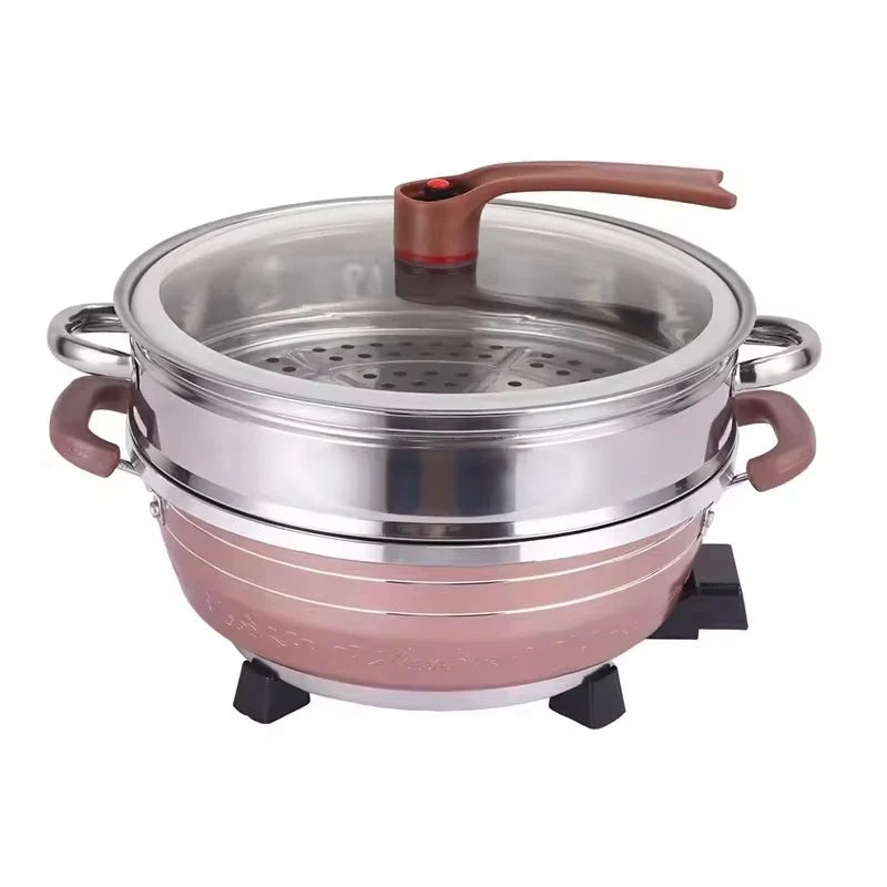 Oala electrica multifunctionala, Hoffmans HM-3031, 1500W, 32cm, sub presiune, material antiaderent, 5 trepte, roz-argintiu