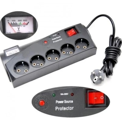 Prelungitor electric cu protectie la supratensiune, indicator analogic voltaj, 5 prize