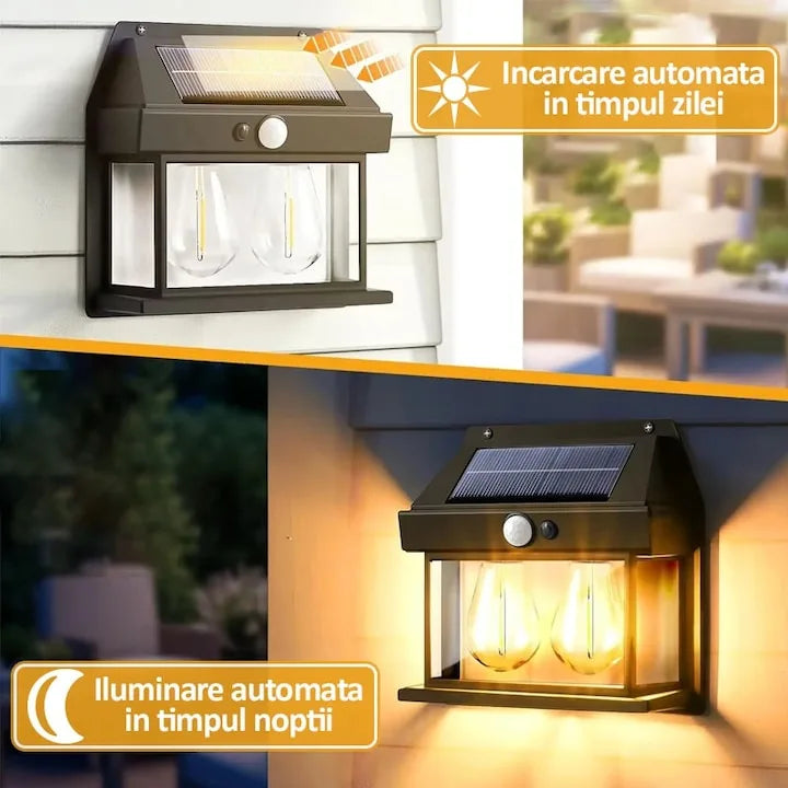Set 4 x lampa solara de exterior cu 3 becuri NEXTLY, 3 moduri de functionare, senzori de miscare si lumina, stare de veghe, lumina calda, waterproof, 38W, negru/alb