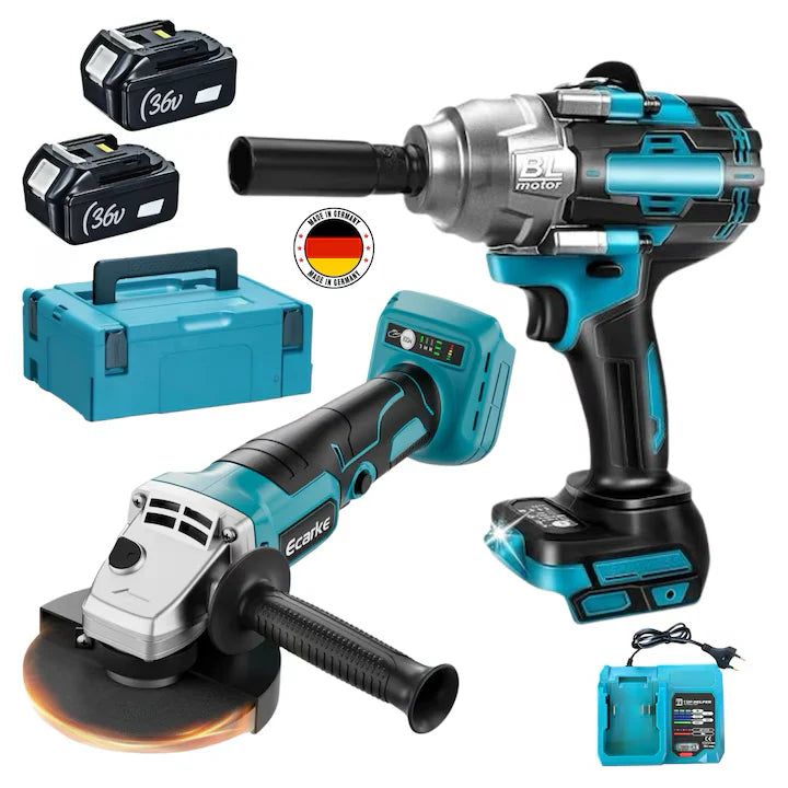 Set cheie de impact si polizor unghiular brushless, 2 acumulatori, disc 125 mm si valiza
