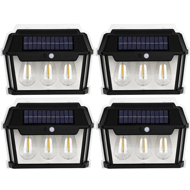 Set 4 x lampa solara de exterior cu 3 becuri NEXTLY, 3 moduri de functionare, senzori de miscare si lumina, stare de veghe, lumina calda, waterproof, 38W, negru/alb