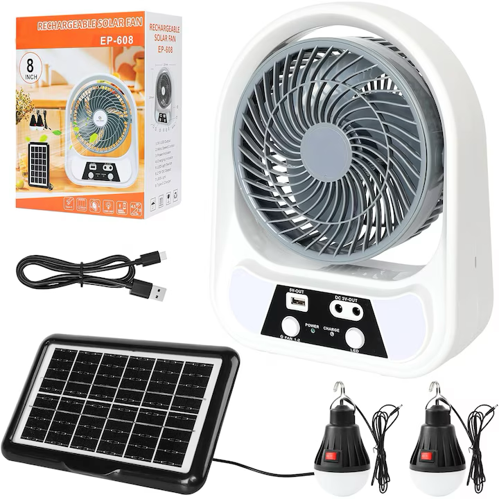 Ventilator solar cu 2 becuri si lanterna