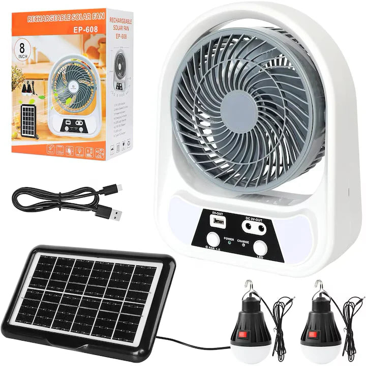 Ventilator solar portabil cu 2 becuri LED, lanterna integrata si incarcare USB