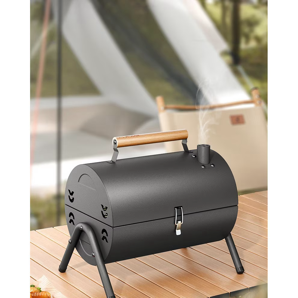 Gratar, mic portabil, de uz casnic, multifunctional, carbune, cu tigaie pentru gratar, design zona de gratar cu doua fete, suport triunghiular stabil, echipat cu orificii, negru, 37X25X38CM