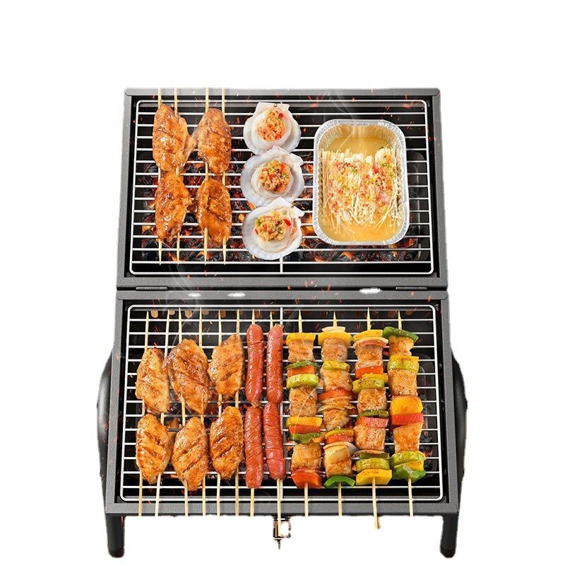 Gratar, mic portabil, de uz casnic, multifunctional, carbune, cu tigaie pentru gratar, design zona de gratar cu doua fete, suport triunghiular stabil, echipat cu orificii, negru, 37X25X38CM