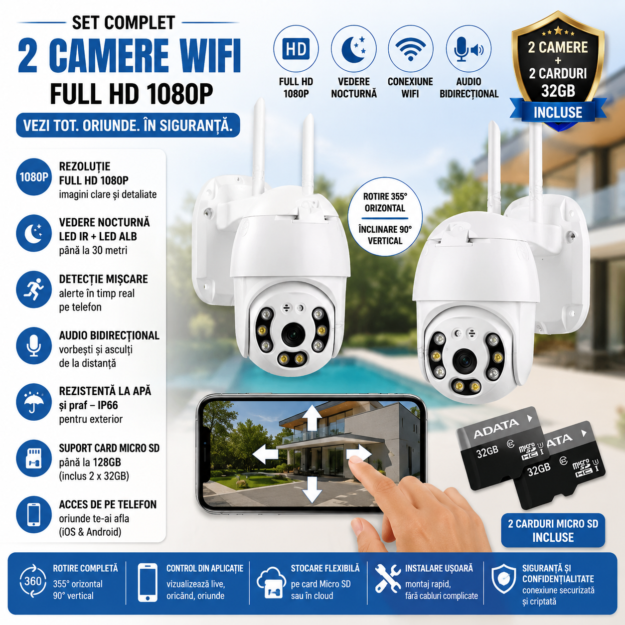 Set 2 camere supraveghere WiFi Full HD 1080P, rotire 360, vedere nocturna si 2 carduri 32GB