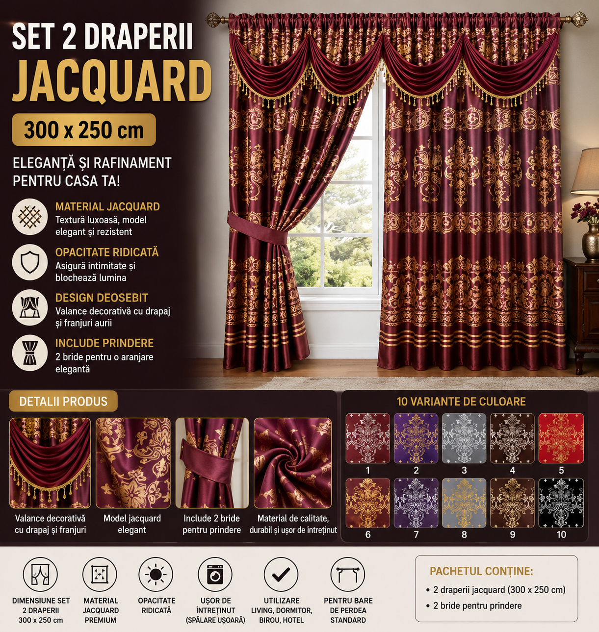 Set 2 draperii Jacquard bordo 300 x 250 cm, model elegant, cu rejansa