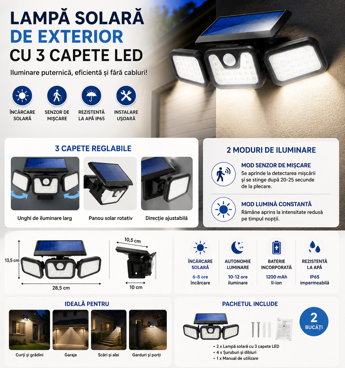 Set 2 x Lampa solara, de exterior cu 3 capete, LED, incarcare solara