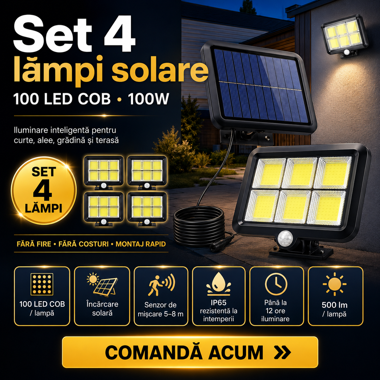 Set 4 lampi solare 100 LED COB, 100W, senzor de miscare, 500 lumeni