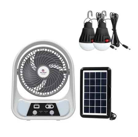 Ventilator solar portabil cu 2 becuri LED, lanterna integrata si incarcare USB