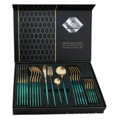 Set 24 tacamuri premium verde cu auriu, inox, finisaj elegant, 6 persoane