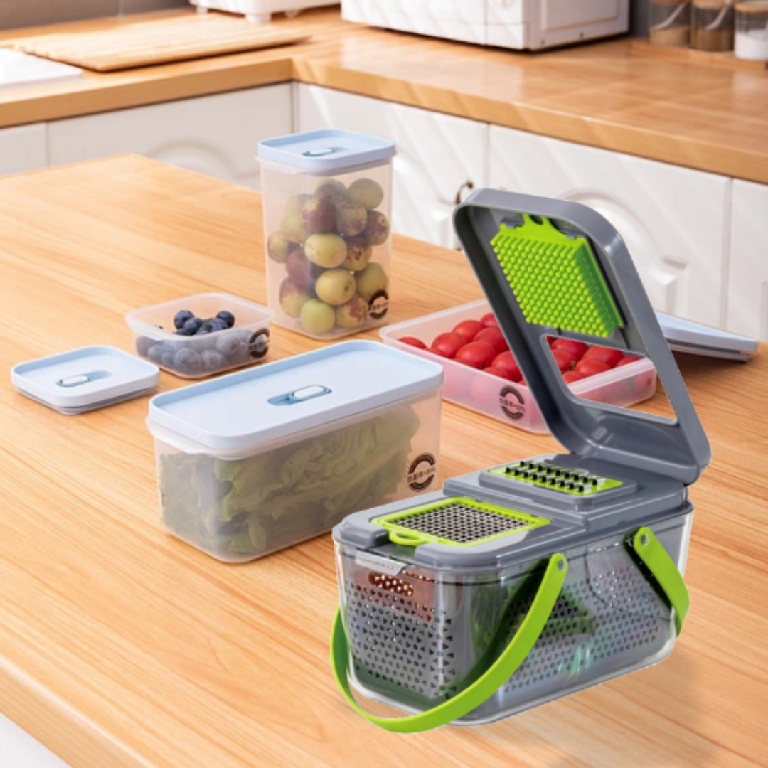 PACHET Razatoare multifunctionala pentru legume, cu 22 de accesorii + Organizator pentru cosmetice, cu sertare, incapator