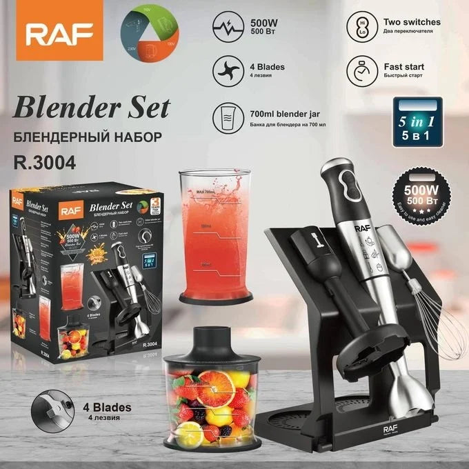Blender RAF R3004, 5 in 1, 500W, recipient de 500ml, 700ml, tel si suport, 2 viteze, 4 lame din otel, 40 cm, negru-argintiu