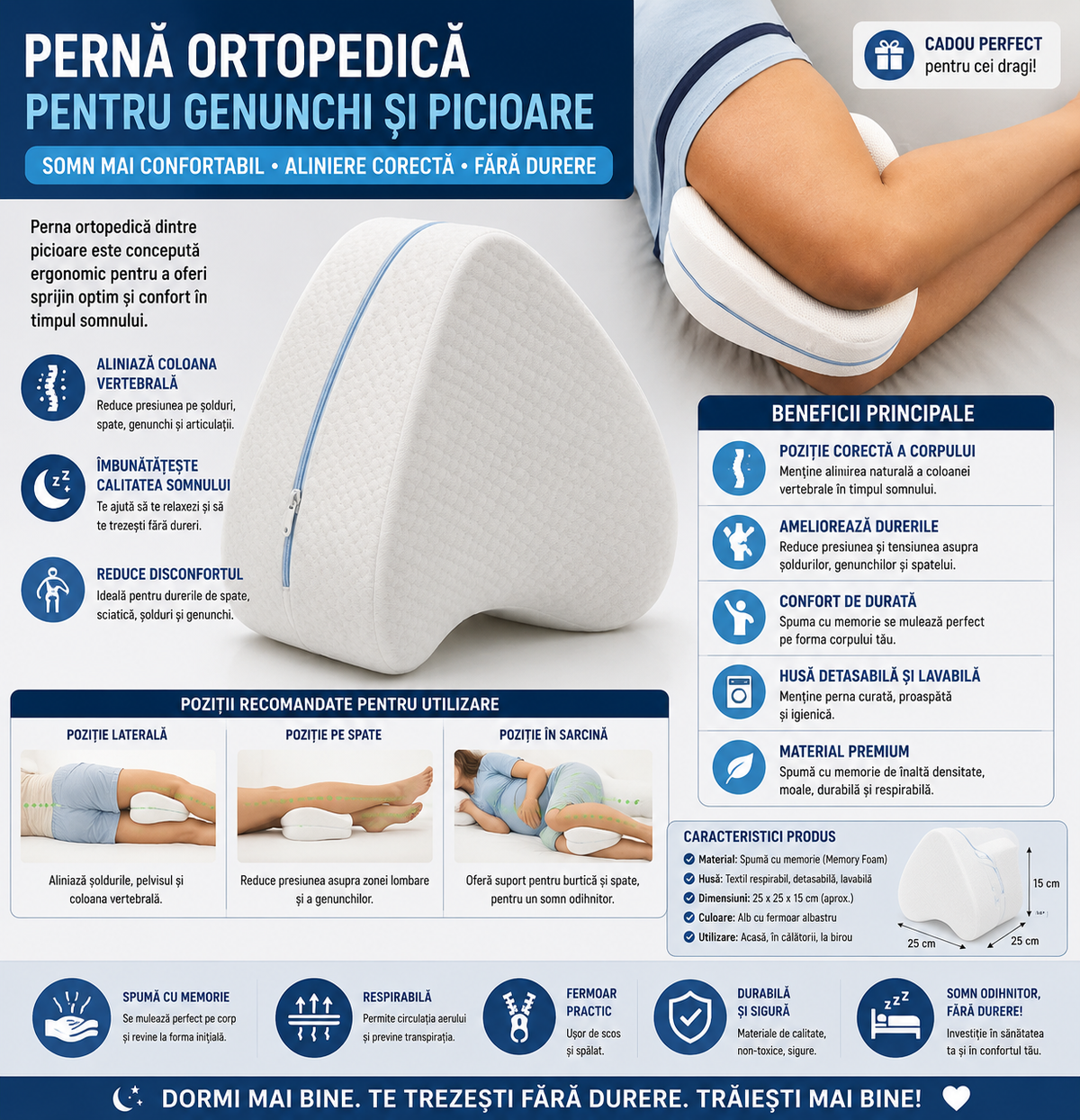 1+1 CADOU Perna ortopedica pentru Genunchi si Picioare, din Spuma cu Memorie, Alb 25 x 25 cm
