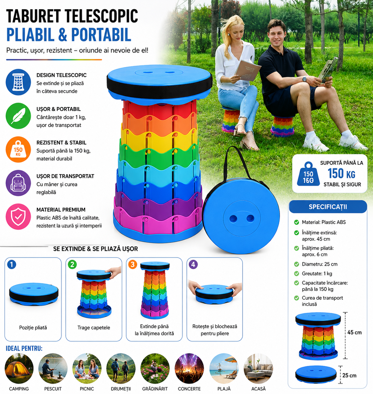 Set 1+1 taburet pliabil telescopic portabil, reglabil pe inaltime, pentru camping si exterior