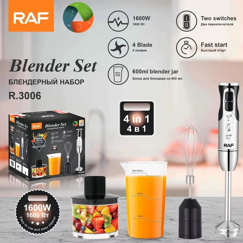 Blender RAF R3006, 1600W, recipient de 500ml, vas de 600ml si tel, 2 viteze, 38.7cm, negru-argintiu
