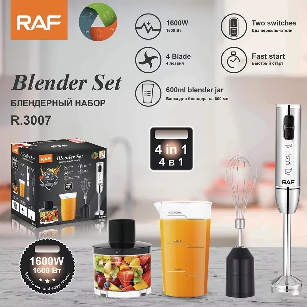 Blender RAF R3007, 4 in 1, 1600W, cu recipient de 500ml, vas de 600ml, tel si lame din otel, 2 viteze, argintiu-negru