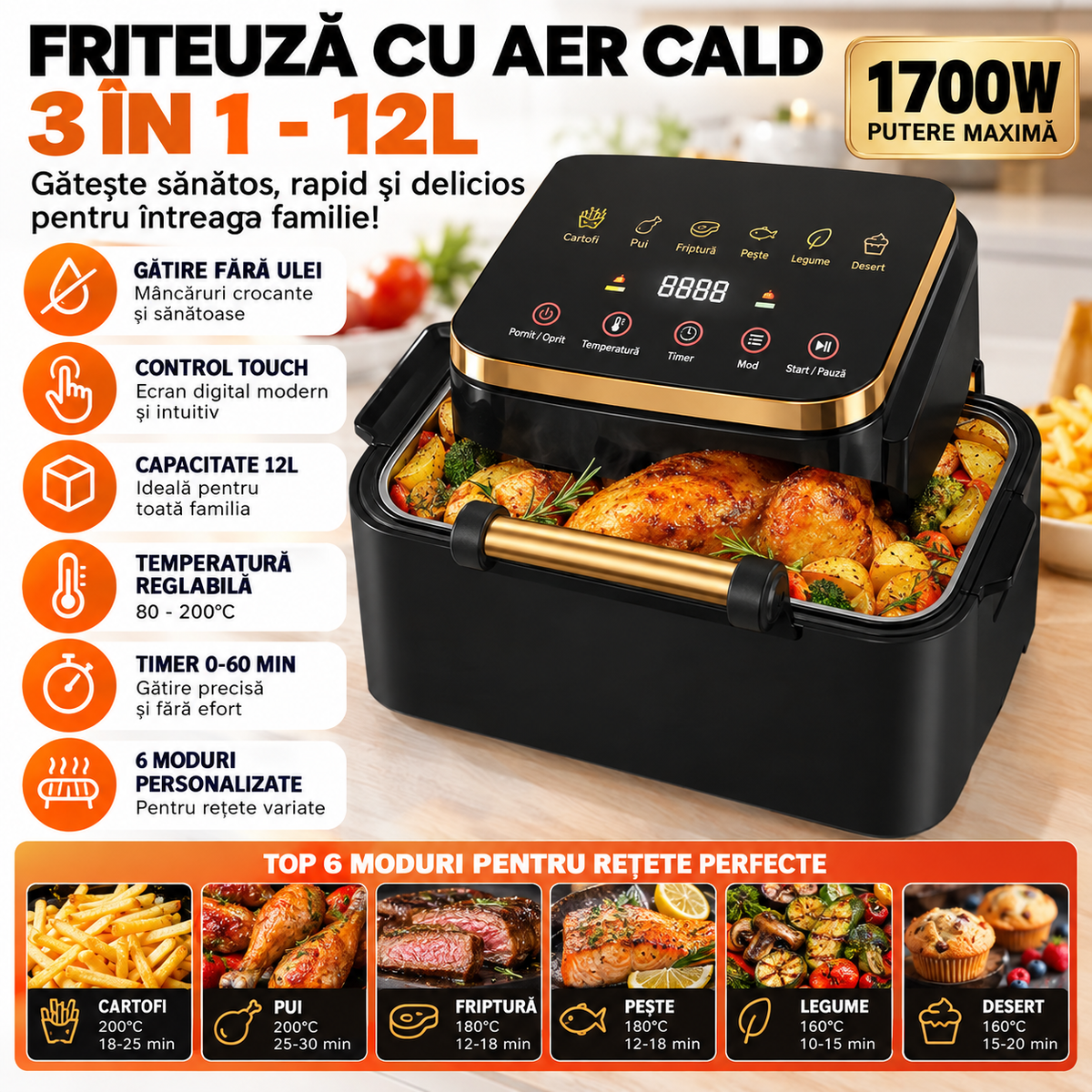 Friteuza profesionala cu aer cald 3 in1 digitala fara ulei Airfryer, 1700W, capacitate 12l, Control touch